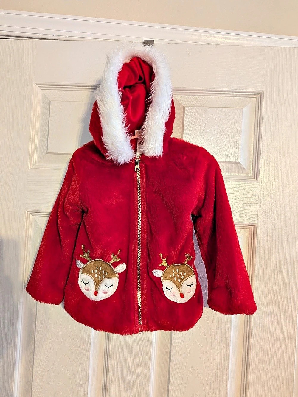 Reindeer Faux Fur Holiday Hoodie Girls 3T - Red Faux Fur Hood Jacket Like New